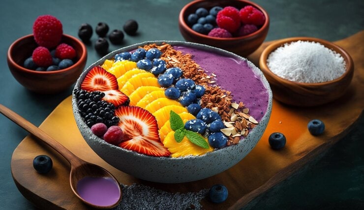 A vibrant acai bowl, a signature of Vegan Delights, crowned with mango, strawberries, blueberries, raspberries, blackberries, and coconut flakes. It's garnished with mint leaves and rests on a wooden board surrounded by bowls of berries and shredded coconut for added health benefits.