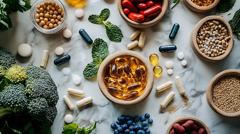 Various vitamins and gut health supplements in pill and capsule form are spread across a marble surface. Surrounding them are fresh vegetables like broccoli, herbs, and small bowls of nuts and berries, creating a colorful arrangement for boosting gut health.