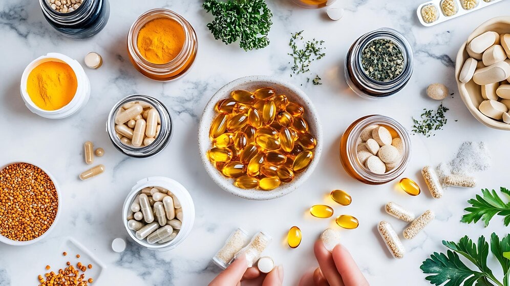 A variety of gut health supplements on a marble surface, including fish oil capsules, herb-infused tablets, and powder-filled containers marked 'Guide to Gut Health,' surrounded by greenery and spices. Two hands are picking up a vitamin tablet.