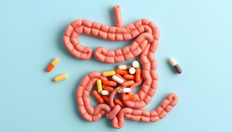 A model of intestines is depicted on a light blue background, illustrating the vibrant journey of gut health. Various colorful capsules and pills, representing gut health supplements, are scattered inside and around it.