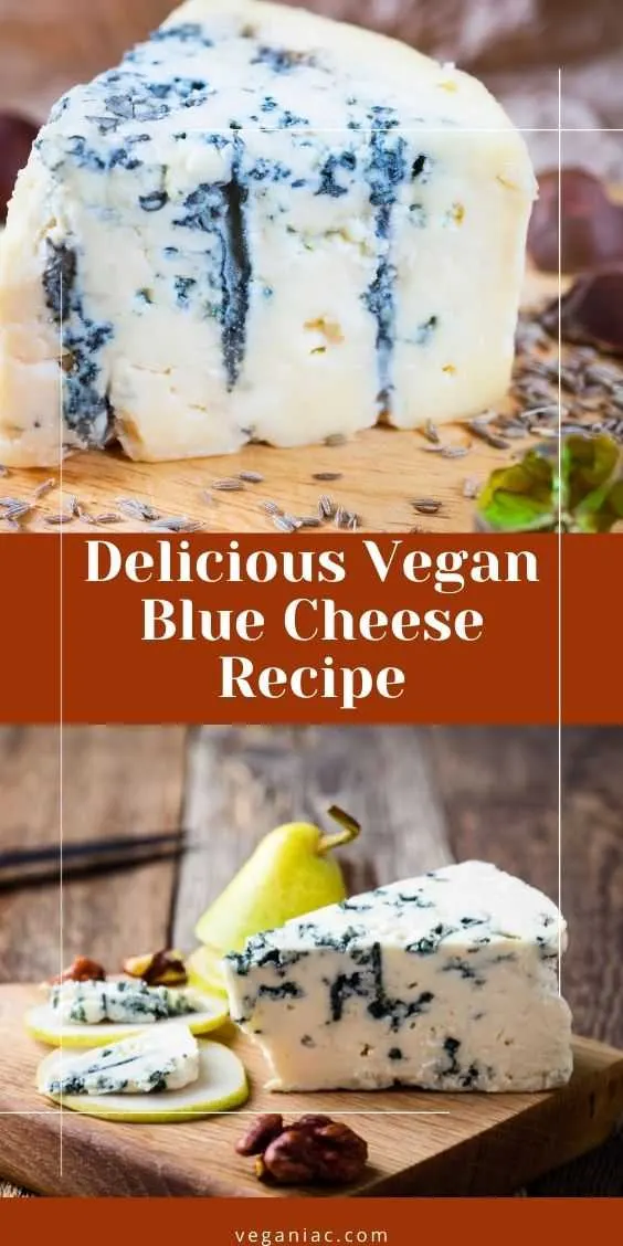 A close-up of two slices of creamy vegan blue cheese on a wooden board, showcasing its blue-veined patterns. Accompanied by pear slices and nuts, the scene invites you to enjoy a delicious vegan blue cheese recipe.