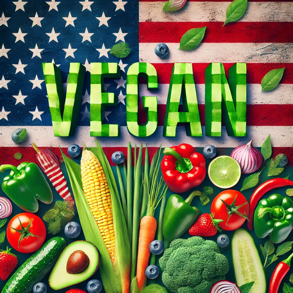 The image displays the word "VEGAN" in large green letters over an American flag backdrop, perhaps hinting at its inclusion in the Top 10 Most Vegan Friendly Countries. Below, a colourful array of corn, broccoli, peppers, carrots, and blueberries is artistically arranged.