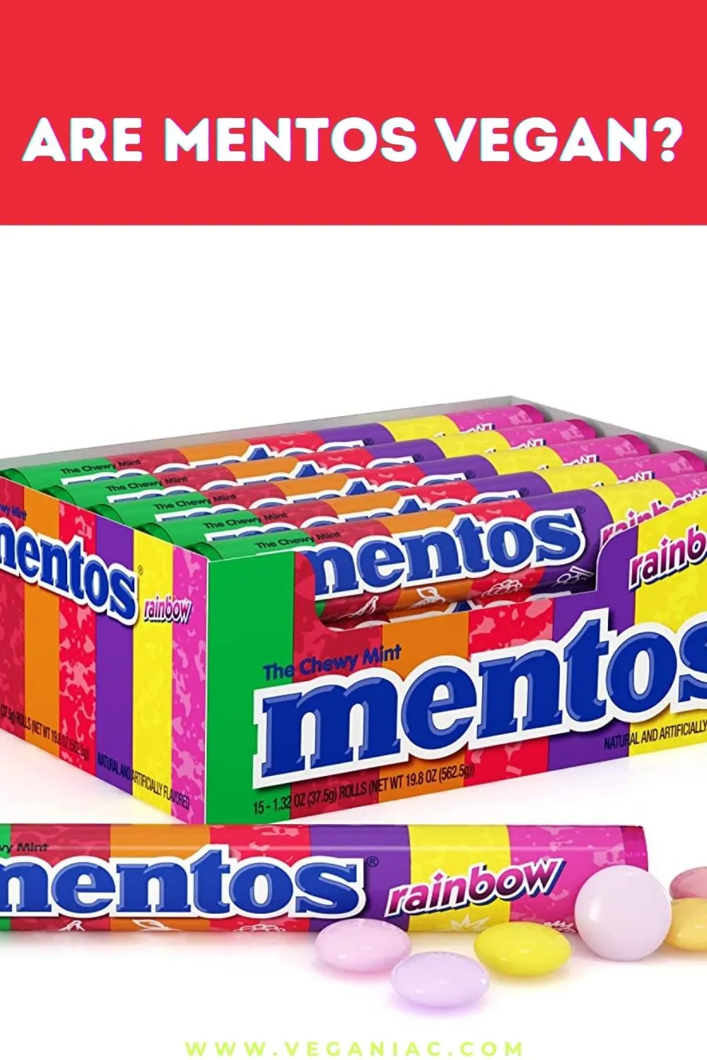 A roll of Mentos mints with several sweets tipped out onto a surface