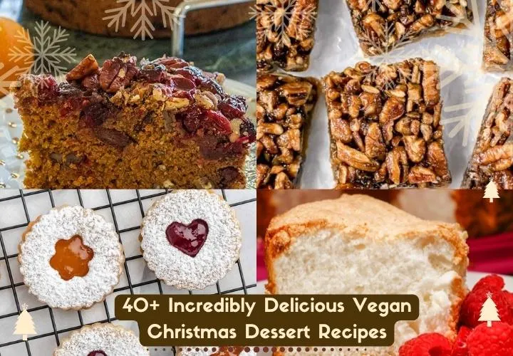 A table of vegan Christmas desserts including pudding, cookies and a trifle