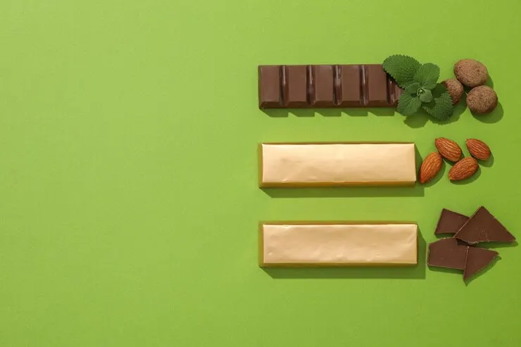 Chocolate bars with almonds mint leaves