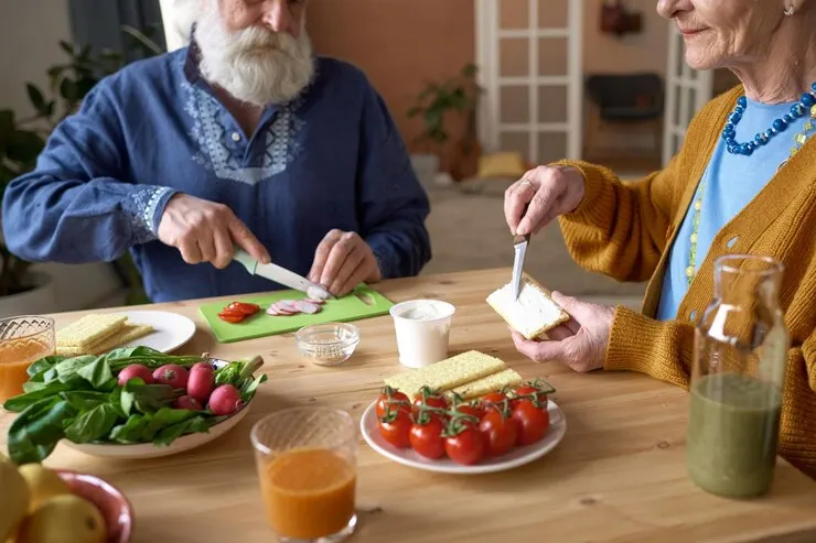 Senior couple preparing breakfast together sitting table living room