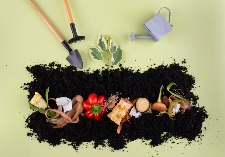 A composition featuring a pile of compost made from rotten food to grow your own food. The image showcases an assortment of decayed vegetables and fruits, emphasising the recycling process in organic farming.
