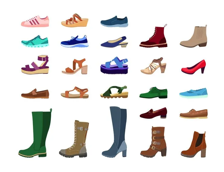 A collection of illustrated footwear styles arranged on a white background. The assortment includes sneakers, sandals, loafers, heels, boots, and dress shoes, showcasing a variety of colours, designs, and purposes for both casual and formal wear.