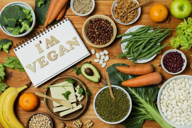 View arrangement with healthy food wooden background