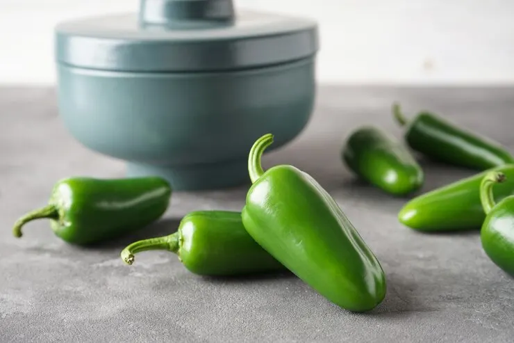Fresh green jalapenos displayed on a grey background, highlighting their vibrant colour and texture for culinary use.