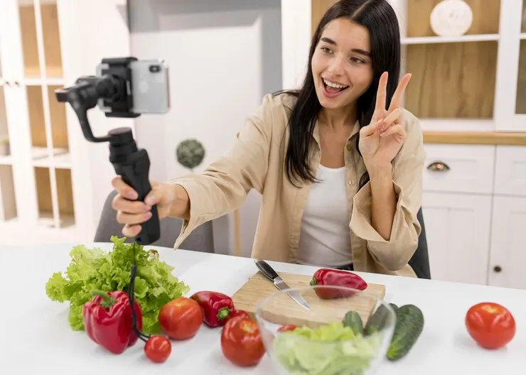 Smiley woman vlogging home with vegetables smartphone