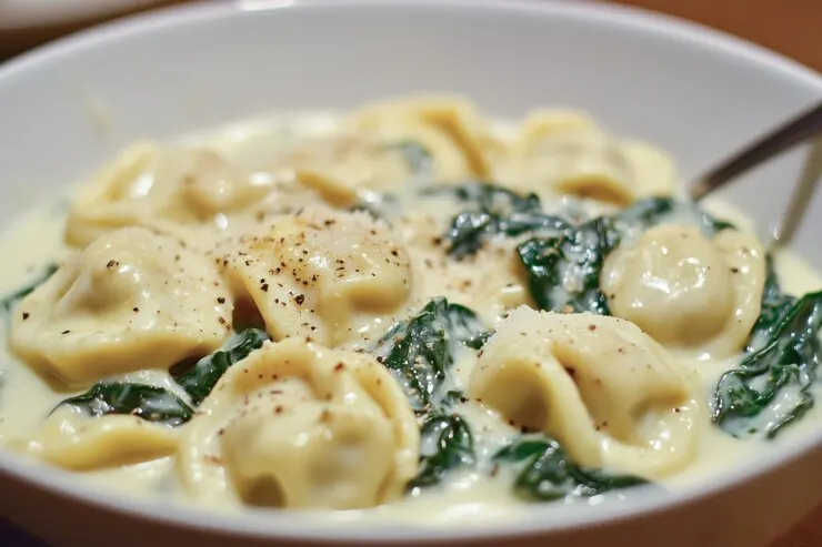 A bowl of creamy vegan tortellini soup featuring pasta, cheese, and spinach, perfect for a romantic Valentine's Day meal. 