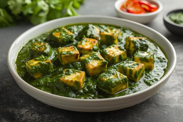 Lush spinach curry filled with golden paneer cubes served large white dish dark surface