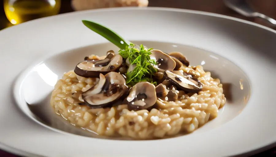 Vegetarian risotto with fresh mushrooms parmesan cheese generated by ai