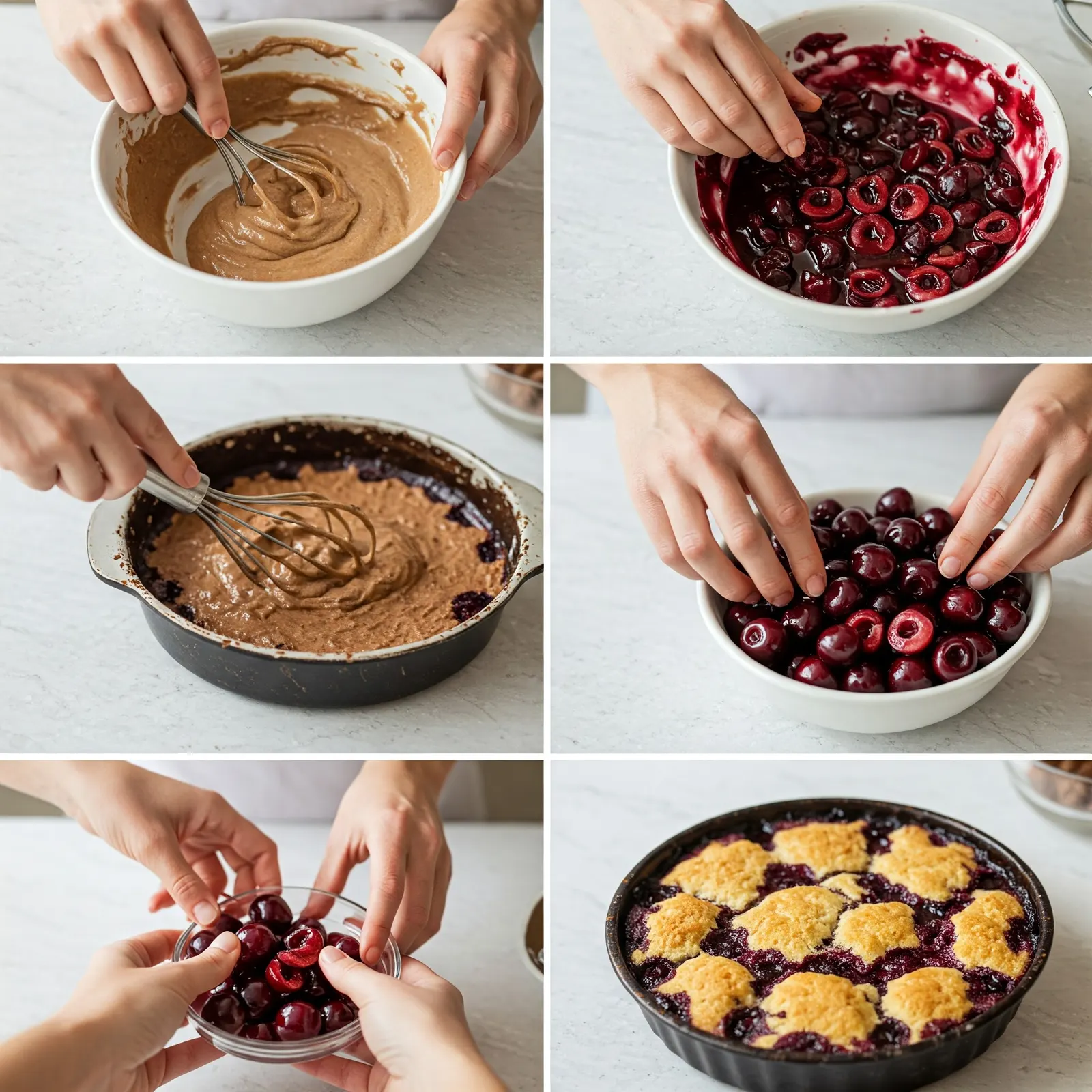  Step-by-step images illustrating the process of creating a Chocolate Cherry Vegan Cobbler for Valentine's Day.