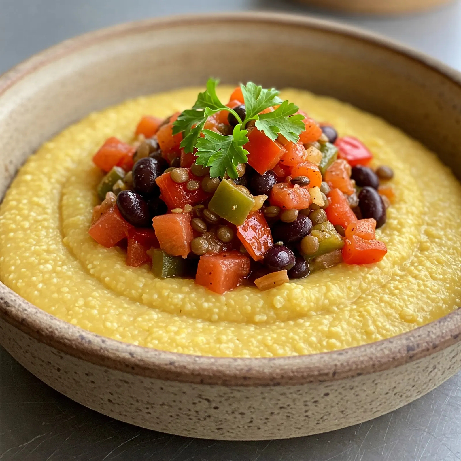 A bowl filled with black beans and corn, accompanied by a spoon, perfect for a spicy Cajun hash on grits.