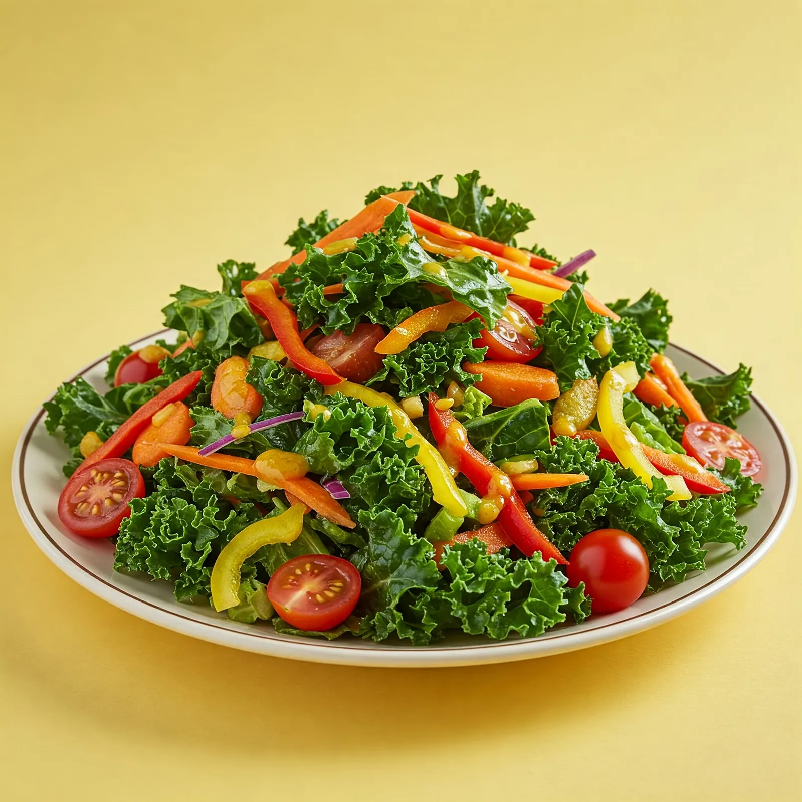 A vibrant plate of fresh vegetables, featuring a colourful cornucopia kale salad, perfect for a romantic Valentine's Day meal.