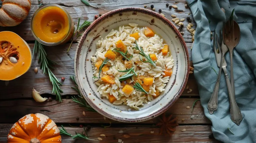 Autumn pumpkin pasta dish rustic wooden table orzotto with winter squash rosemary
