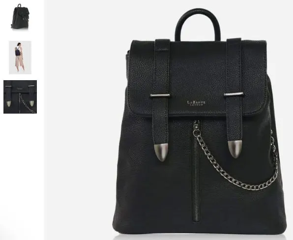  LaBante London's Agnes Vegan Leather Backpack features a black design with chains and a chic chain strap.