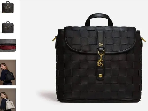A black backpack featuring various images, showcasing the Rosie Recycled Vegan Mini Backpack by LaBante London.