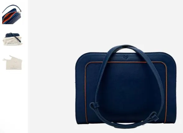 A blue vegan leather crossbody bag with orange trim, accompanied by a white bag, showcasing a stylish design.
