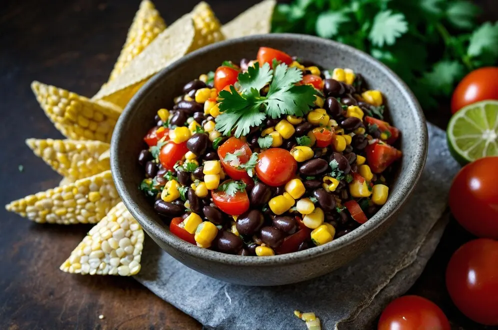 Black bean and corn salsa bowl with cilantro lime rice, capsicum and red onion