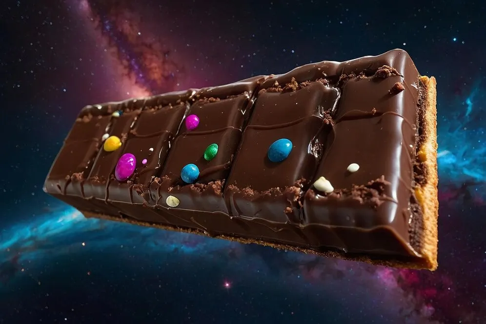 A chocolate bar topped with colourful candy, set against a vibrant galaxy backdrop, representing vegan cosmic brownies.