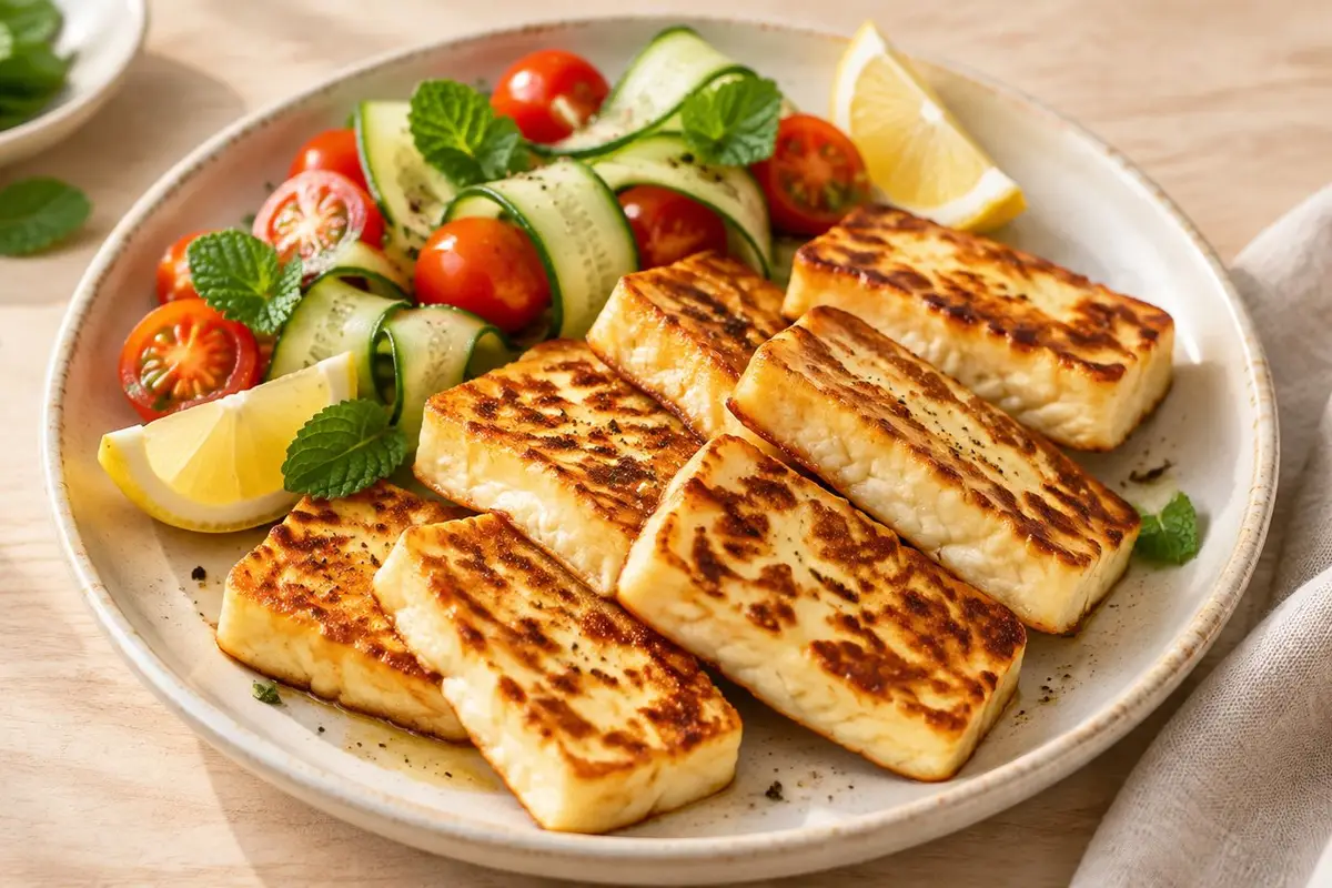 Golden pan-fried vegan halloumi slices with tomato, cucumber and lemon