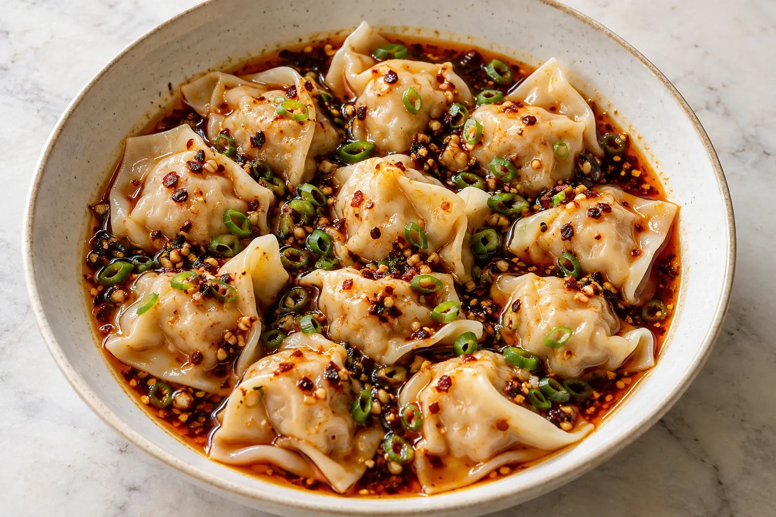 A bowl of boiled wontons in red chilli oil, topped with sliced spring onion and chilli flakes