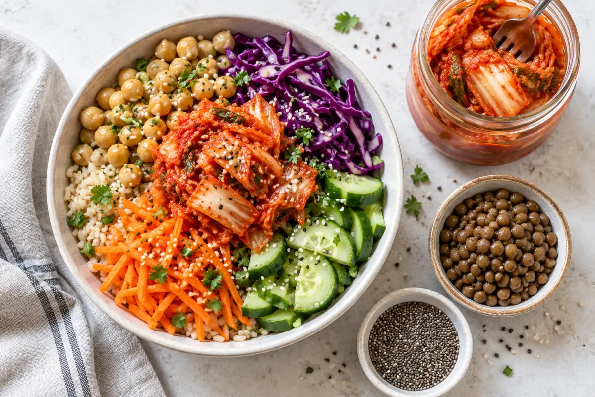 A grain bowl topped with kimchi, chickpeas, red cabbage, cucumber and carrot, next to an open jar of kimchi and small bowls of lentils and chia seeds