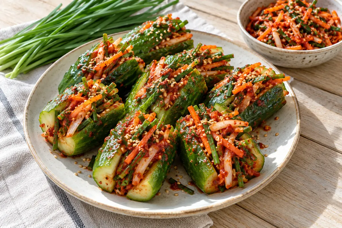 Vegan cucumber kimchi on a plate, cucumbers stuffed with gochugaru paste, garlic chives, carrot and sesame seeds, with a bunch of chives beside it