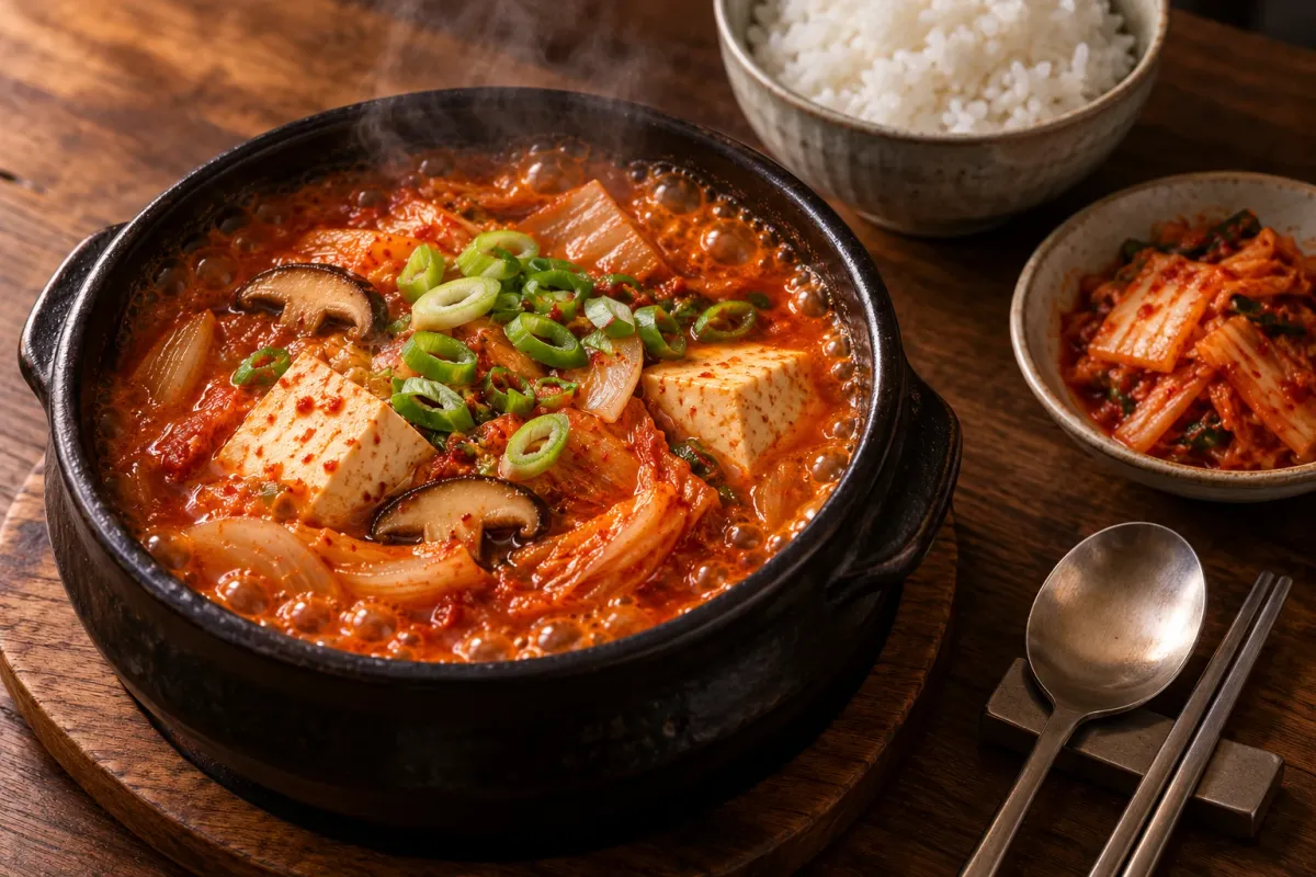 Vegan kimchi jjigae bubbling in a black earthenware pot with tofu, shiitake and spring onion, beside bowls of rice and kimchi