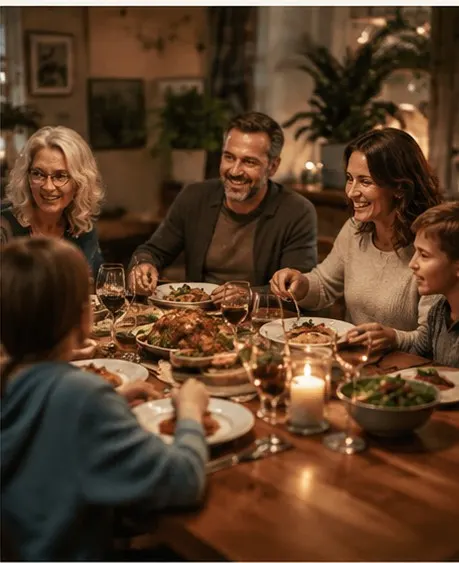 A family sharing dinner together by candlelight