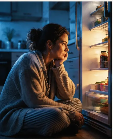 A woman sitting by an open fridge late at night