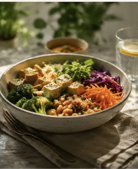 A colourful plant-based grain bowl with tofu and vegetables