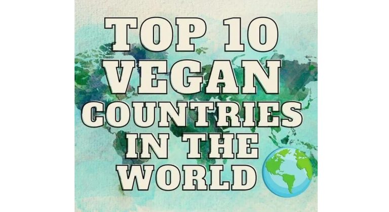 Top 10 Most Vegan Friendly Countries in 2024 Text reading "Top 10 Vegan Countries in the World" is elegantly displayed over a watercolor-style map background, highlighting global veganism. A small globe icon adds a touch of wanderlust at the bottom right.