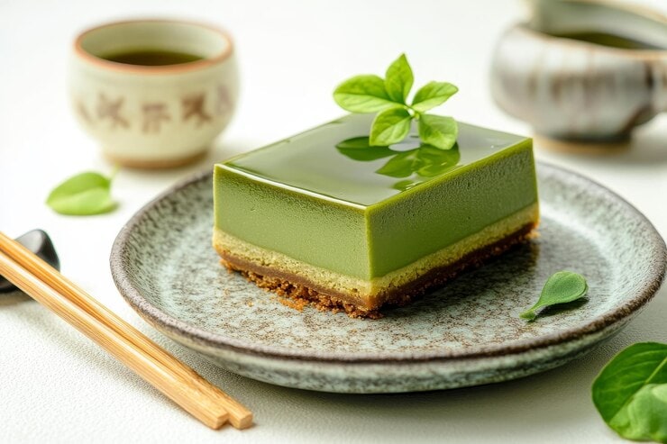 A square-shaped vegan matcha tofu cheesecake with a glossy top, garnished with fresh green leaves on a ceramic plate. Served alongside a small cup of tea and a pair of wooden chopsticks, this recipe offers an elegant presentation.
