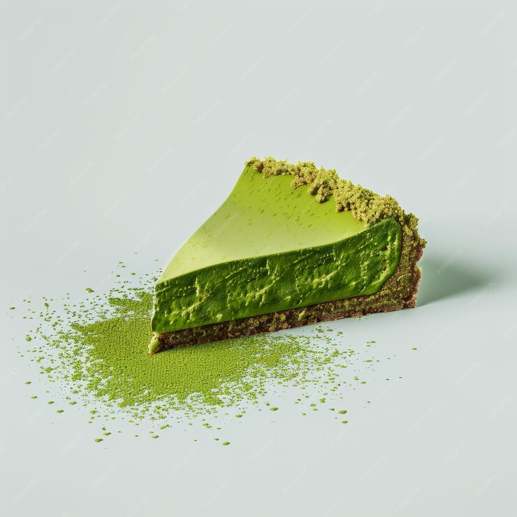 A slice of vegan matcha tofu cheesecake rests on a light background, showcasing its smooth, creamy green top layer. The crust is perfectly brown, and a dusting of powdered matcha decorates the scene.
