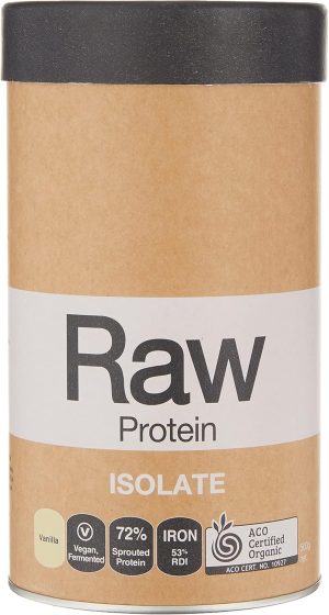 A cylindrical container of Vanilla Protein Powder with a brown paper label. It highlights features such as plant-based, fermented, 72% sprouted protein, 53% RDI iron, and ACO certified organic. Flavor indicated as vanilla.