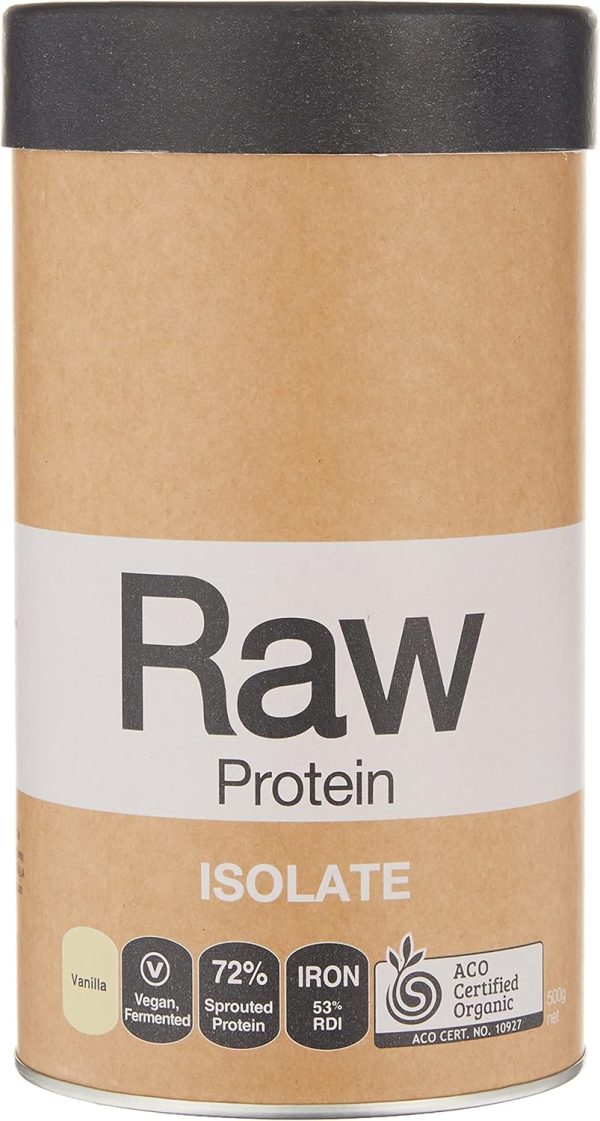 Amazonia Raw Protein Isolate Vanilla, Natural Plant-Based Protein Powder A cylindrical container of Vanilla Protein Powder with a brown paper label. It highlights features such as plant-based, fermented, 72% sprouted protein, 53% RDI iron, and ACO certified organic. Flavor indicated as vanilla.