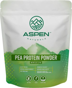 A green and white bag of Aspen Naturals Pea Protein Powder showcases its plant-based benefits, including muscle growth, fullness, digestion, heart health, and essential amino acids. This soy-free, vegan, and gluten-free 5 lb package is perfect for a healthy lifestyle.