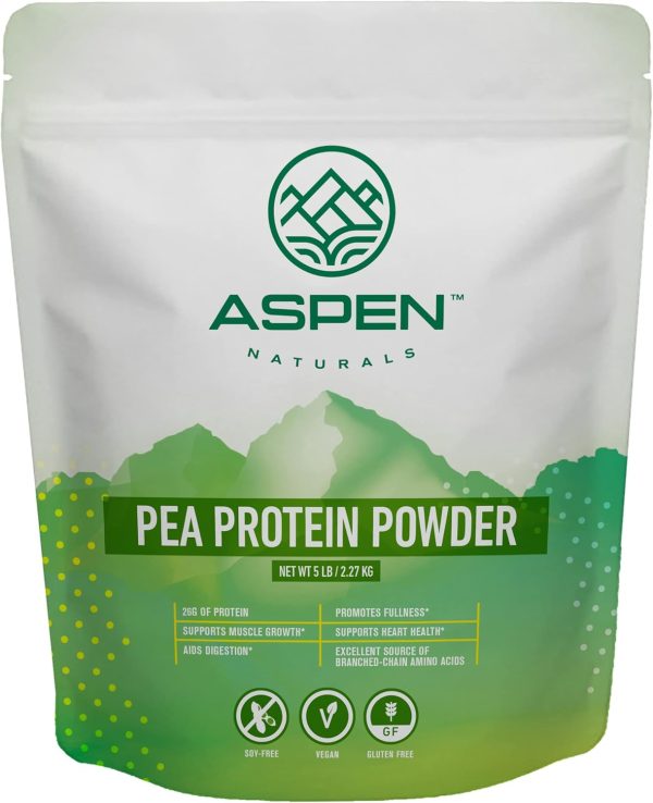 Aspen Naturals Pea Protein Powder - 5 lb Bulk Bag. Unflavored, Plant Based A green and white bag of Aspen Naturals Pea Protein Powder showcases its plant-based benefits, including muscle growth, fullness, digestion, heart health, and essential amino acids. This soy-free, vegan, and gluten-free 5 lb package is perfect for a healthy lifestyle.