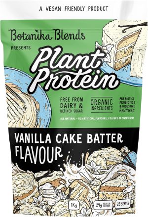 A package of Botanika Blends Plant Protein in the irresistible Vanilla Cake Batter flavor. The design boasts cake illustrations and a background with ingredients, emphasizing its vegan, organic qualities, free from dairy and refined sugar.