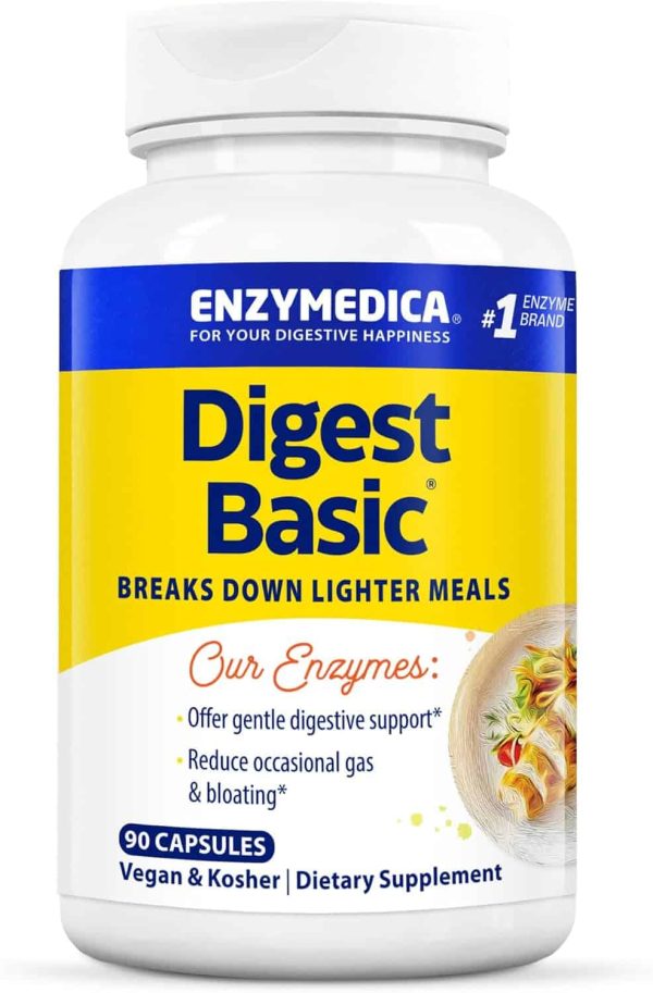 Enzymedica-Enzymedica-Digest-Basic-90-caps.jpg The image features a bottle of Enzymedica Digest Basic dietary supplement with the label "For Your Digestive Happiness." This 90-capsule vegan and kosher formula aims to support digestion and reduce gas. The blue and yellow packaging evokes trust in achieving digestive wellness.