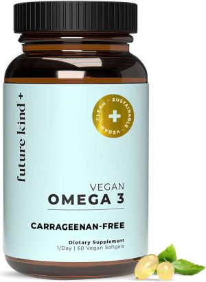 A brown bottle labeled "Future Kind + Vegan Omega 3" with "Carrageenan-Free" on a light blue label. This supplement contains 60 vegan softgels, perfect for a one-a-day routine. Three softgels and leaves are pictured beside the bottle for a natural touch.