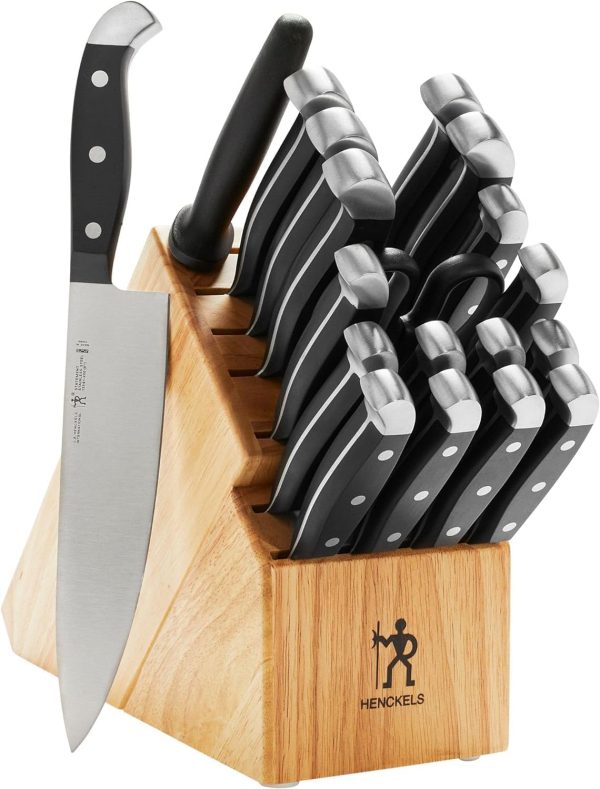 HENCKELS Statement Razor-Sharp 20-Piece Knife Set Discover the HENCKELS 20-piece knife set featuring razor-sharp blades and black-handled knives, including a chef's knife and sharpening steel. The elegant wooden block is proudly branded with the Henckels logo. Perfect for culinary enthusiasts seeking precision and style in their kitchen tools.