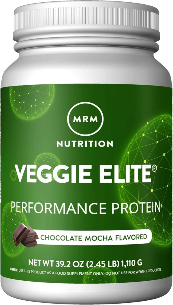 MRM - Veggie Elite Performance Protein, 24 Grams of Plant-Based Protein A green and white container of MRM's Veggie Elite Performance Protein in chocolate mocha flavor. The label shows a net weight of 39.2 oz (2.45 lb) or 1,110 g, with a graphic of chocolate pieces, highlighting this plant-based protein option for those seeking a nutritious boost.