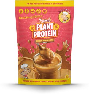 A colorful package of Macro Mike Peanut Plant Protein, featuring a cartoon peanut character and AUTO-DRAFT design elements. The bag highlights "over 25% protein" and "original peanut butter flavor," branded as "Australian made" with "natural ingredients.