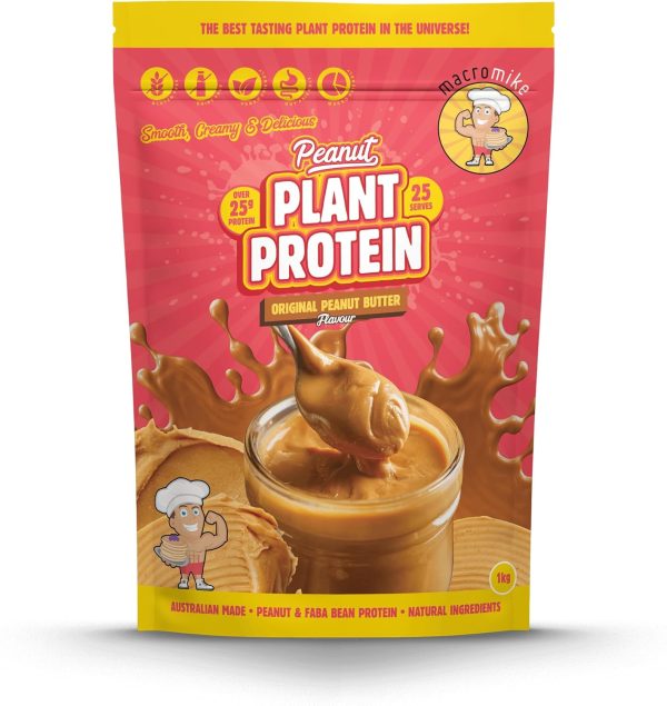 Macro Mike Peanut Plant Protein Original Peanut Butter Flavour Protein Powder 1 kg A colorful package of Macro Mike Peanut Plant Protein, featuring a cartoon peanut character and AUTO-DRAFT design elements. The bag highlights "over 25% protein" and "original peanut butter flavor," branded as "Australian made" with "natural ingredients.