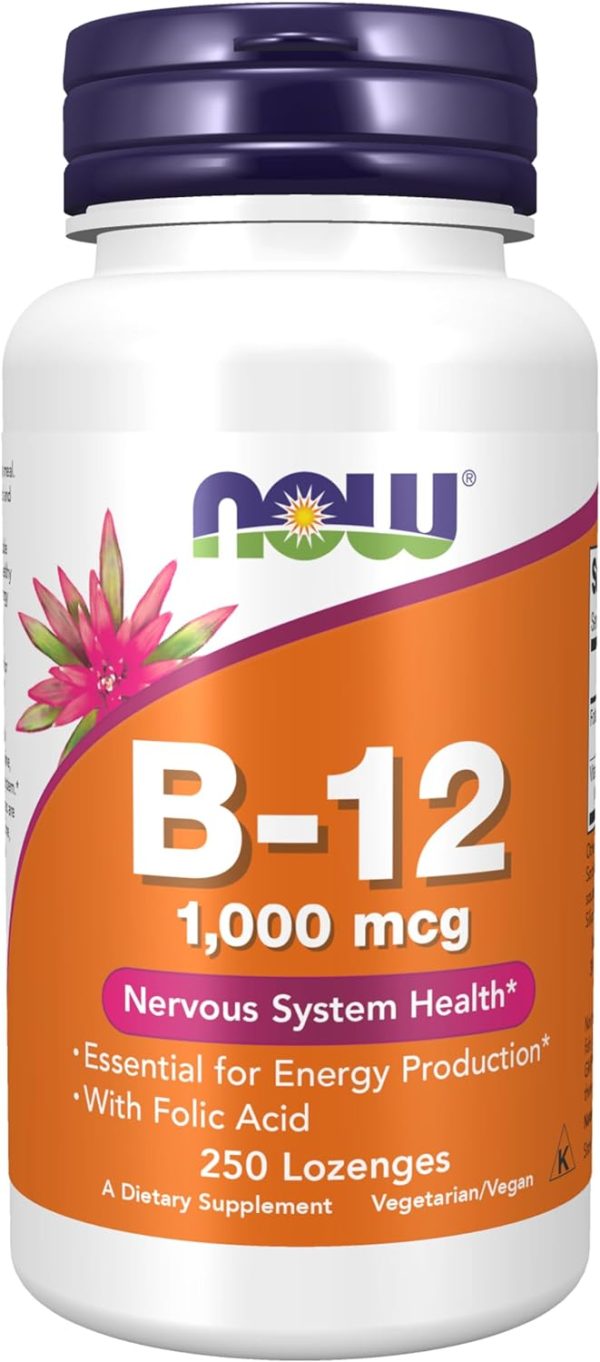 NOW Foods Supplements, Vitamin B-12 A bottle of Vitamin B-12 supplements with a purple cap and orange label, featuring the brand "Now" and "B-12 1,000 mcg." Highlights include "Nervous System Health," "Essential for Energy Production," and "With Folic Acid." Contains 250 lozenges.